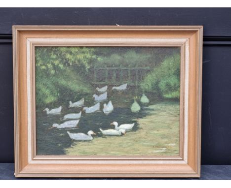 Kate Stanley Wilkinson, 'End of the Pond', signed, labelled verso, oil on canvas, 32 x 42cm.