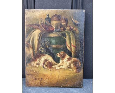 Circle of George Armfield, Spaniels in a barn, oil on chamfered oak panel, 20.7 x 15.3cm, unframed.