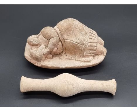 Antiquities: a Hellenistic pottery Unguentarium or spindle vase, 13cm high; together with a Neolithic style 'Sleeping Lady' f