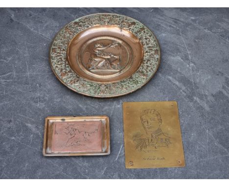 A bronze classical dish, 24cm diameter; together with a Joan of Ark commemorative dish, and one other. (3)