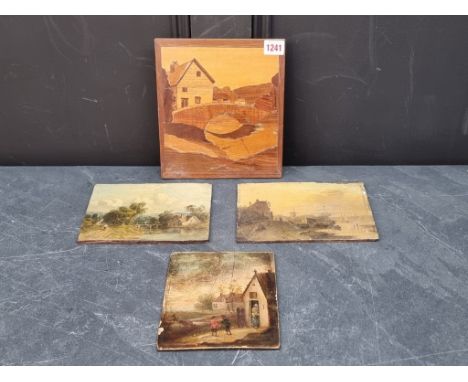 Dutch School, 19th century, figures by a riverside, oil on oak panel, 14.5 x 20.5cm; together with British School, 19th centu