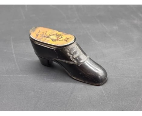 A 19th century papier mache novelty shoe snuff box, 8cm long.