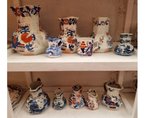 A collection of Masons ironstone and other Hydra jugs, largest 24cm high. (10)
