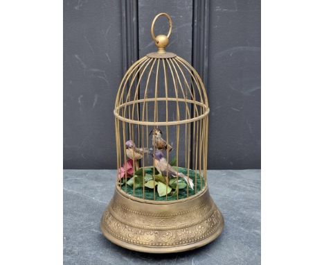 A brass 'three birds in cage' singing automaton, 31cm high.