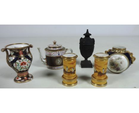 A small 19th Century Spode two handled Vase, a Wedgwood black basalt Urn and Cover; a small English porcelain Teapot & Cover,