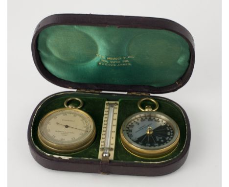 An attractive cased Travel Set, with pocket barometer, thermometer and compass by Negretti & Zambra, London, in a leather cas