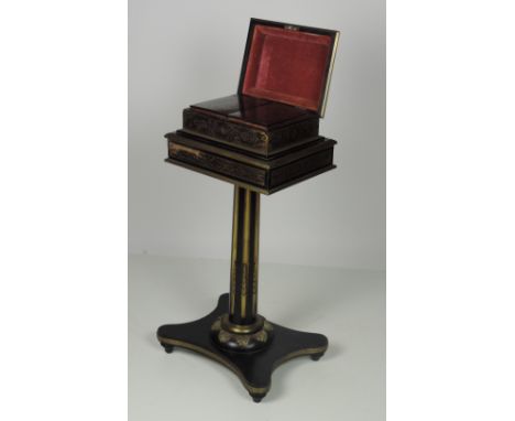 A fine quality and unusual 19th Century Boulle Tea Caddy on Stand, the lift top revealing two canisters with boulle lids, on 