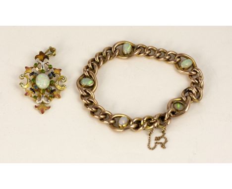 A 9ct gold chain Bracelet, in a hollow curb set with five natural opals; and an unusual 18ct gold Pendant with enamel decorat