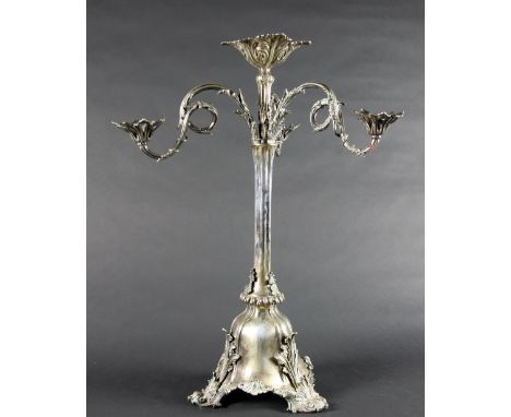 A large and unusual 19th Century silver plated Centrepiece / Candelabra, with small centre bowl, and three scroll and leaf ca