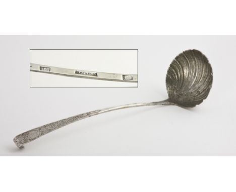 A very important mid-18th Century Irish Provincial Sauce Ladle, by Samuel Johns, Limerick c. 1750, the lipped handle with fin