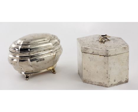A casket shaped Tea Caddy, London c. 1903, by Goldsmiths Co., and a plain hexagonal silver Tea Caddy, London c. 1905, togethe
