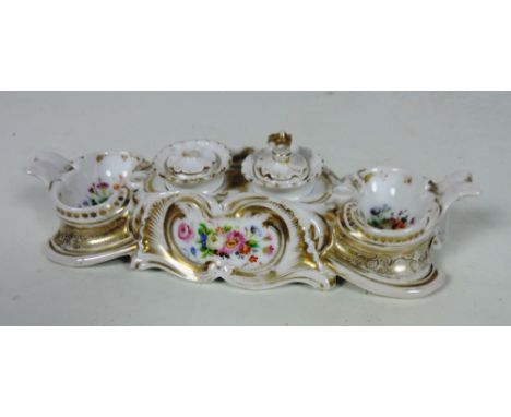 A good quality 19th Century English porcelain Desk Companion, inkwell etc., attractive floral decoration. (1)