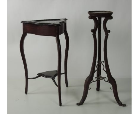 An ebonised Edwardian triangular shaped Curio Table, with glazed lift top; and an attractive brass mounted Plant Stand, on tr