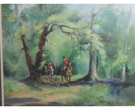 T.F. Parks

"Hunting Scene, with huntsmen, horses and hounds in a forest glade," O.O.C., 39cms x 47cms (15 1/2" x 19 1/2") si