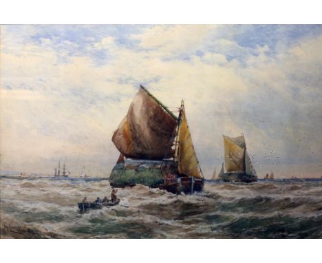 Charles Frederick Allbon, 1856 - 1926

Watercolour: "Hay Barges, St. Clements Reach," a large extensive seascape, with figure