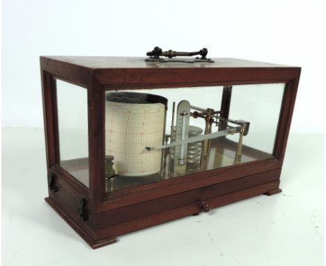 A good Edwardian brass mounted Barograph, with hinged top glazed on four sides, with clockwork drum, thermometer, and stylus 