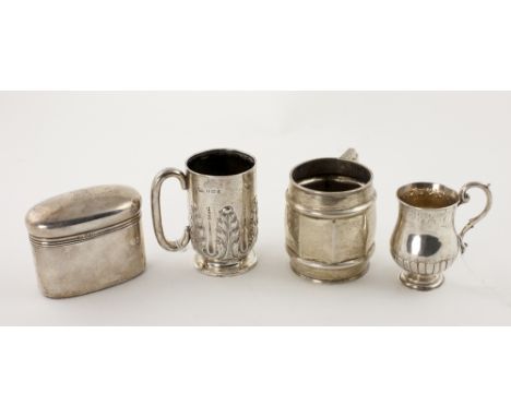 An oval silver Tea Caddy, London c. 1905; a small engraved Victorian silver Christening Mug; a larger barrel shaped ditto, Bi