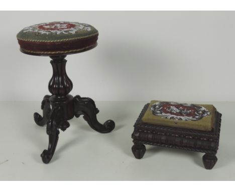 A William IV period carved rosewood Piano Stool, the circular revolving top upholstered with bead work, on a heavy carved tri