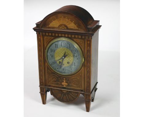 An unusual and attractive late 19th Century profusely inlaid mahogany Mantle Clock, decorated in the Adams style, with domed 
