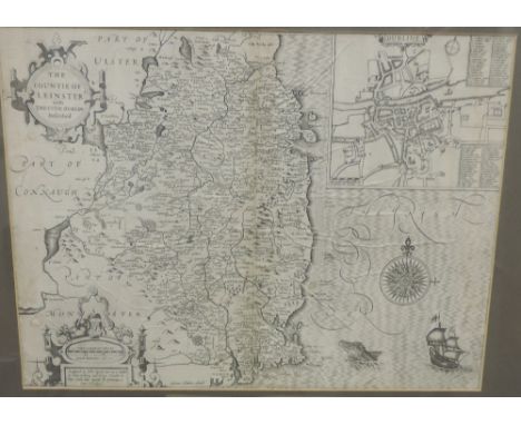 A 17th Century engraved Map of "The Countie of Leinster with the Citie of Dublin Described, by John Speed, approx. 37cms x 49