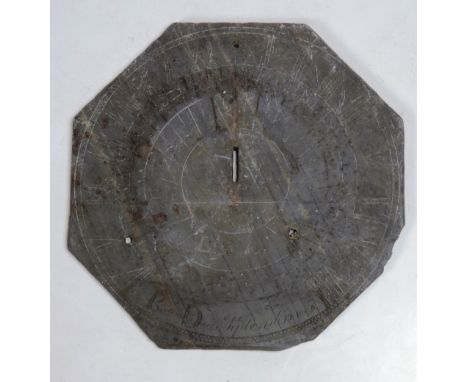 A 19th Century Irish slate Sundial, of octagonal form, with etched decoration, and signed R. Dea, September 1806, 9 3/4". (1)