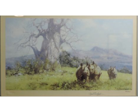 Prints & Drawing: Shepherd (David) "Rhinos in a Landscape"., signed, Limited Edition Print, No. 738 (850), framed; together w