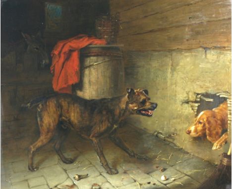 Edmund Bristow, 1787-1876

"My Territory," a growling mastiff dog defending his patch against another intruder dog. O.O.P., a