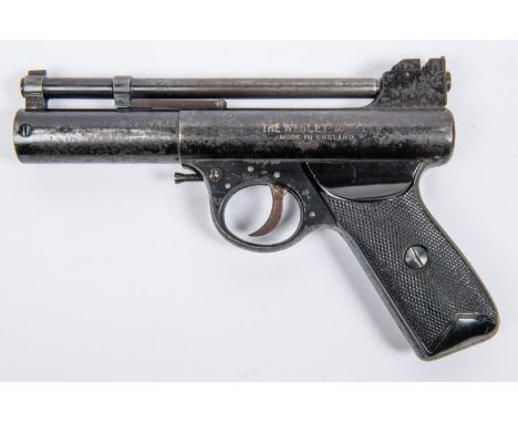 A post 1958 .177" Webley Mark I air pistol number 56, the grips lacking the "Webley" name. GWO &amp; C with traces of blued f