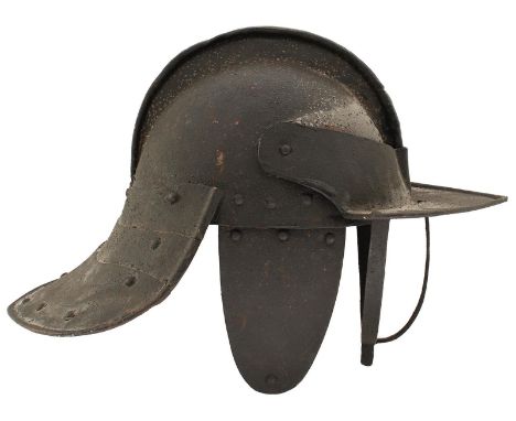 A GOOD COPY OF A 17TH CENTURY ENGLISH CIVIL WAR LOBSTER TAILED POT, the black painted two-piece skull with three lame tail an
