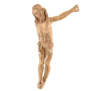 GOA, 17TH CENTURY, A CARVED IVORY CORPUS CHRISTI, traces of grey wash, lacking right arm, 25.5cm high over all. From an estab