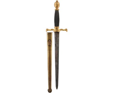 A LATE 18TH CENTURY MASONIC DIRK, 27cm flattened diamond section blade decorated with stands of arms and scrolling foliage, m