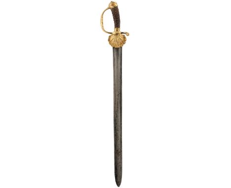 AN 18TH CENTURY GILT HILTED HUNTING HANGER OR SHORT SWORD, 60.5cm broad flattened diamond section blade, characteristic gilt 