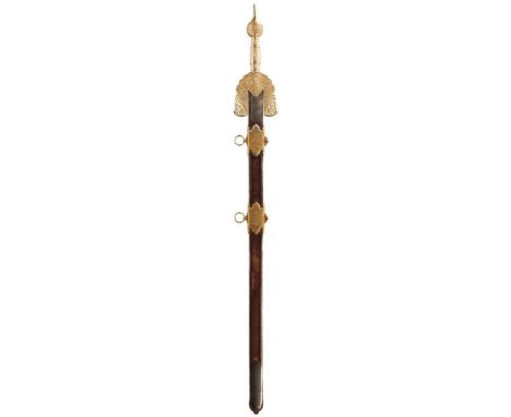 A LATE 19TH CENTURY JINETA OR HORSEMAN'S SWORD, 84.5cm flattened diamond section blade etched with strapwork and scrolling fo