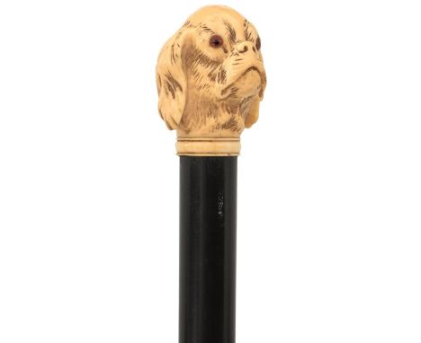 AN EARLY 19TH CENTURY AND LATER WALKING CANE, the early ivory handle carved as the head of a spaniel with glass eyes, later e