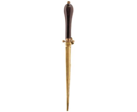 A VICTORIAN DIRK, 19.5cm flattened diamond section blade, turned wooden tapering grip, contained in its fitted brass scabbard
