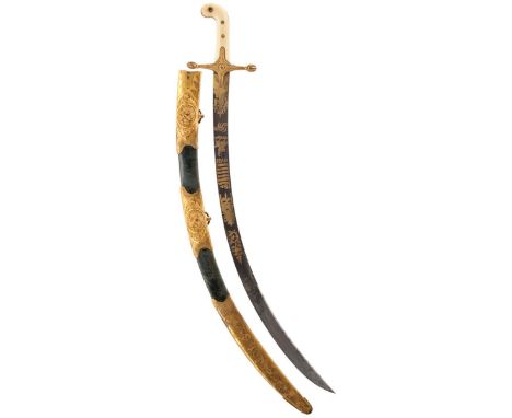 A VERY RARE EARLY 19TH CENTURY BLUED AND GILT OFFICER'S MAMELUKE OF THE 5TH DRAGOONS, 71cm sharply curved blade decorated wit