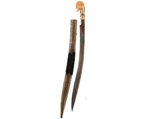 A 19TH CENTURY TURKISH YATAGHAN, 61cm curved fullered blade inlaid in silver with two small panels, one containing calligraph