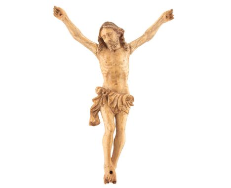 GOA, 18TH CENTURY, A CARVED IVORY CORPUS CHRISTI, 15cm high over all. From an established West Country Collection.