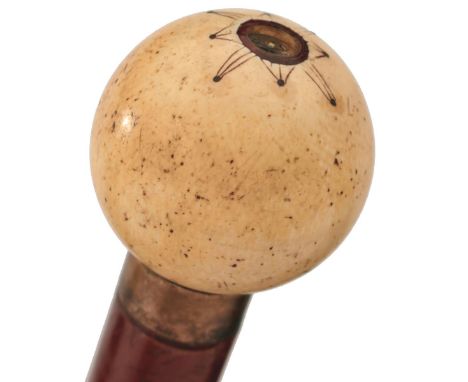 A 19TH CENTURY GADGET WALKING CANE, the plain ivory spherical handle inset with a compass centring an engraved eight pointed 