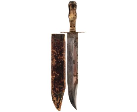 A LARGE VICTORIAN BOWIE KNIFE BY UNWIN &amp; RODGERS, 25cm heavy blade with faceted back edge, stamped with the manufacturer'