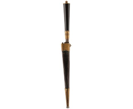 A 19TH CENTURY ITALIAN DAGGER, 16cm sharply tapering blade, double edge towards the tip, characteristic brass mounted hilt wi