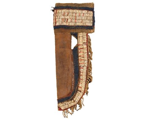 A GOOD MID 19TH CENTURY NATIVE AMERICAN INDIAN BEADWORK KNIFE SHEATH, of characteristic hide form, the trailing edge of the s