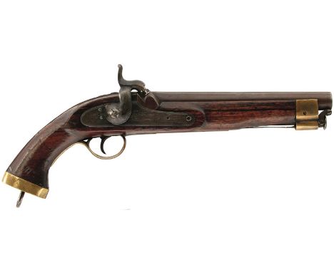 A .650 CALIBRE BELGIAN PERCUSSION SERVICE PISTOL, 9.25inch browned barrel, plain lock, full stocked with regulation brass mou