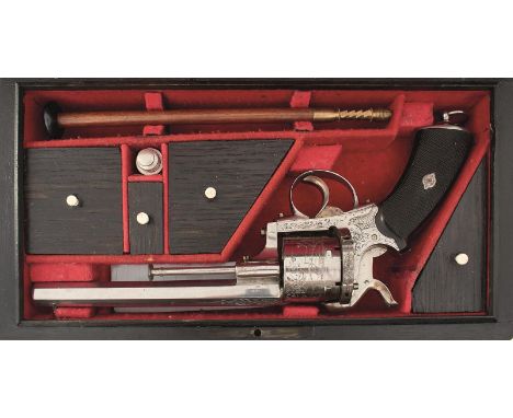 A CASED BELGIAN SIX-SHOT PINFIRE REVOLVER, 6inch sighted octagonal plated barrel with engraved strapwork decoration at the br