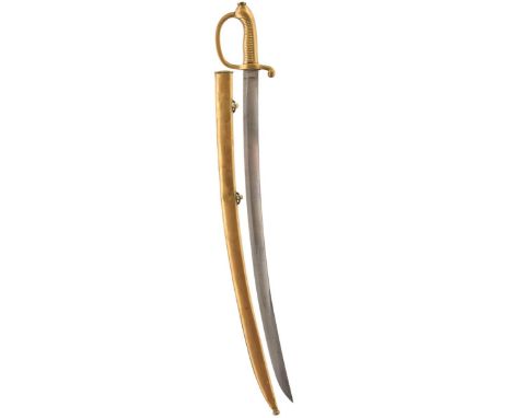 A 19TH CENTURY INFANTRY SHORT SWORD, 66cm curved blade, cast brass hilt with D-shaped knuckle guard, stepped pommel and ribbe