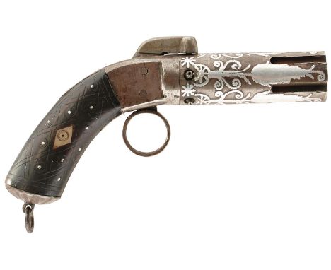 A CRUDE PERCUSSION PEPPERBOX REVOLVER OF EASTERN ORIGIN, 3.5inch barrels with silvered decoration, ring trigger, chequered wo
