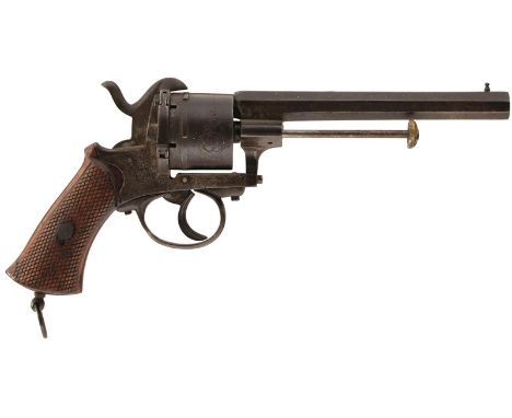A CONTINENTAL SIX-SHOT PINFIRE REVOLVER, 6inch sighted octagonal barrel, border and vine engraved cylinder and frame, chequer