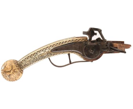 A VICTORIAN COPY OF A WHEELLOCK PUFFER PISTOL, barrel and fore-end lacking, border engraved stepped lock decorated with hunti