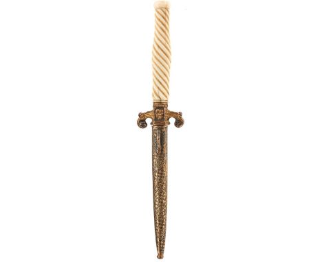 A 19TH CENTURY CONTINENTAL ROMANTIC DAGGER, 9.5cm flattened diamond section blade with faceted edges, gilt hilt with spirally