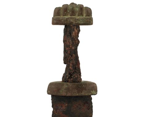A VIKING SWORD OF PETERSEN TYPE K AND WHEELER TYPE IV, 75.5cm blade in excavated condition, broad pattern welded double edged